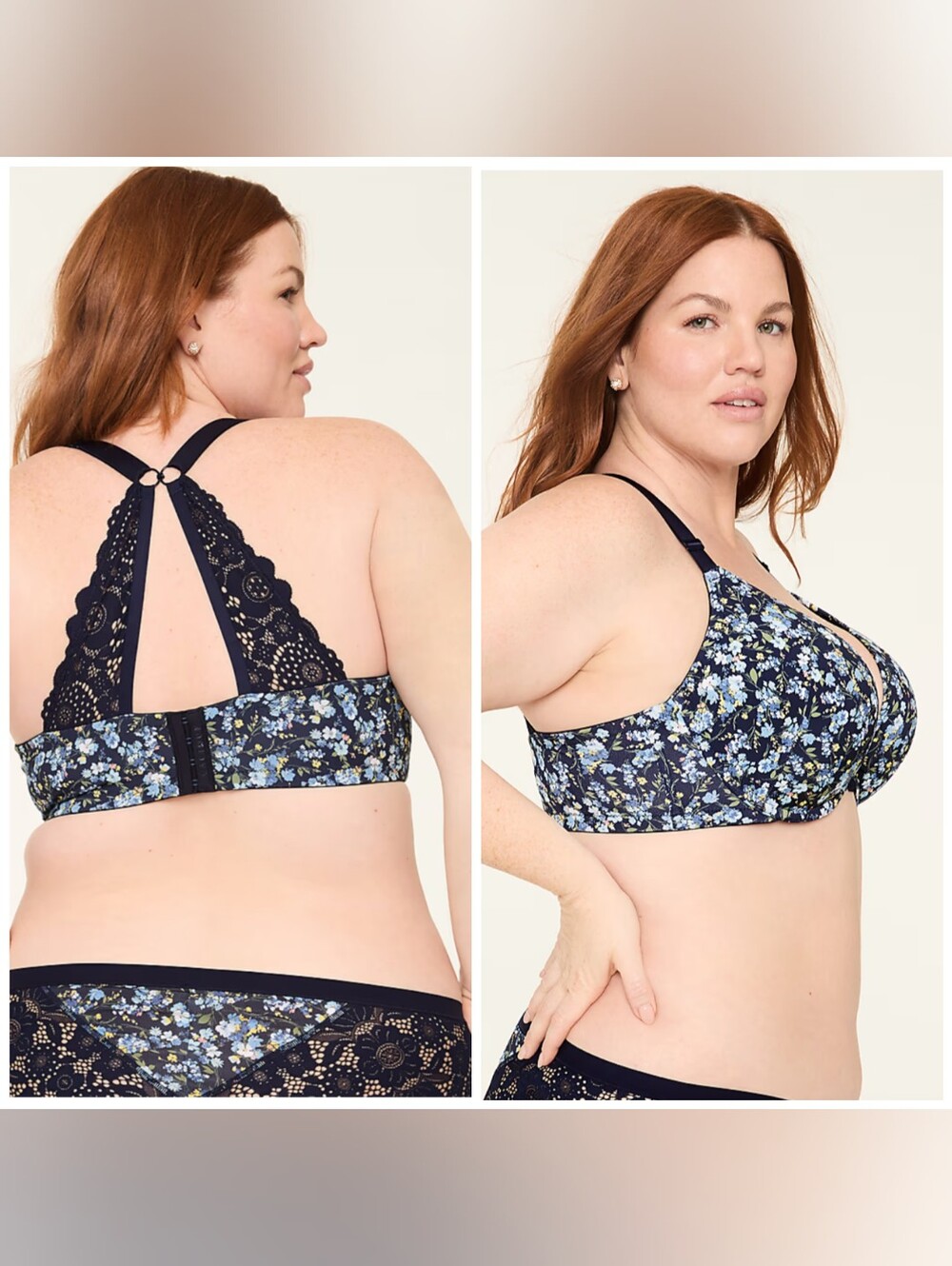 Lane Bryant Cacique 48C Boost Plunge Lace Bra Ditsy Floral Navy EUC
